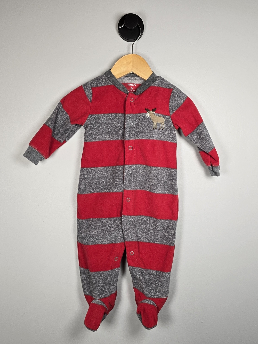 Carter's Red & Gray Striped Moose Footed Fleece One-Piece